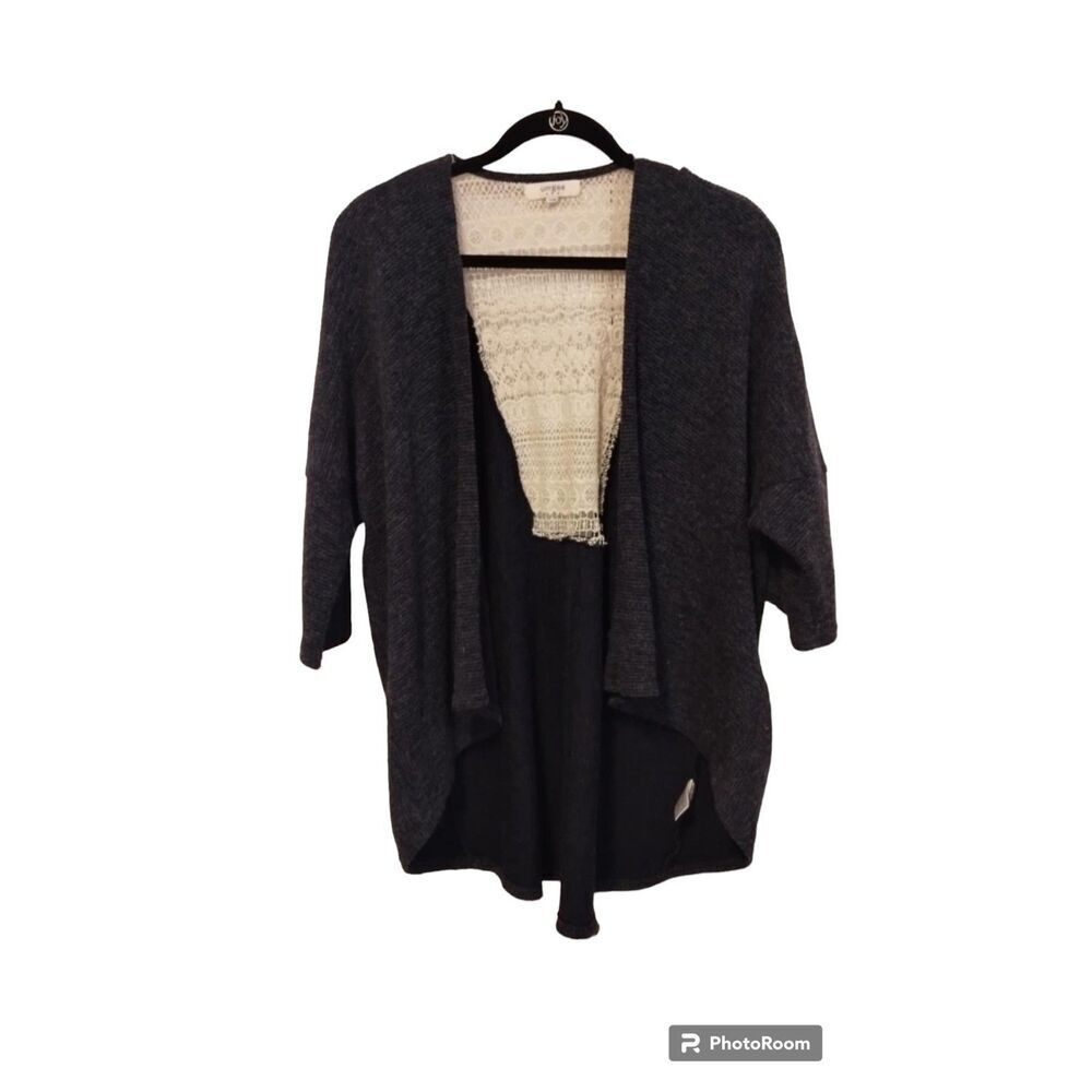 Umgee dark Dusty Blue knit with lace back open front cardigan